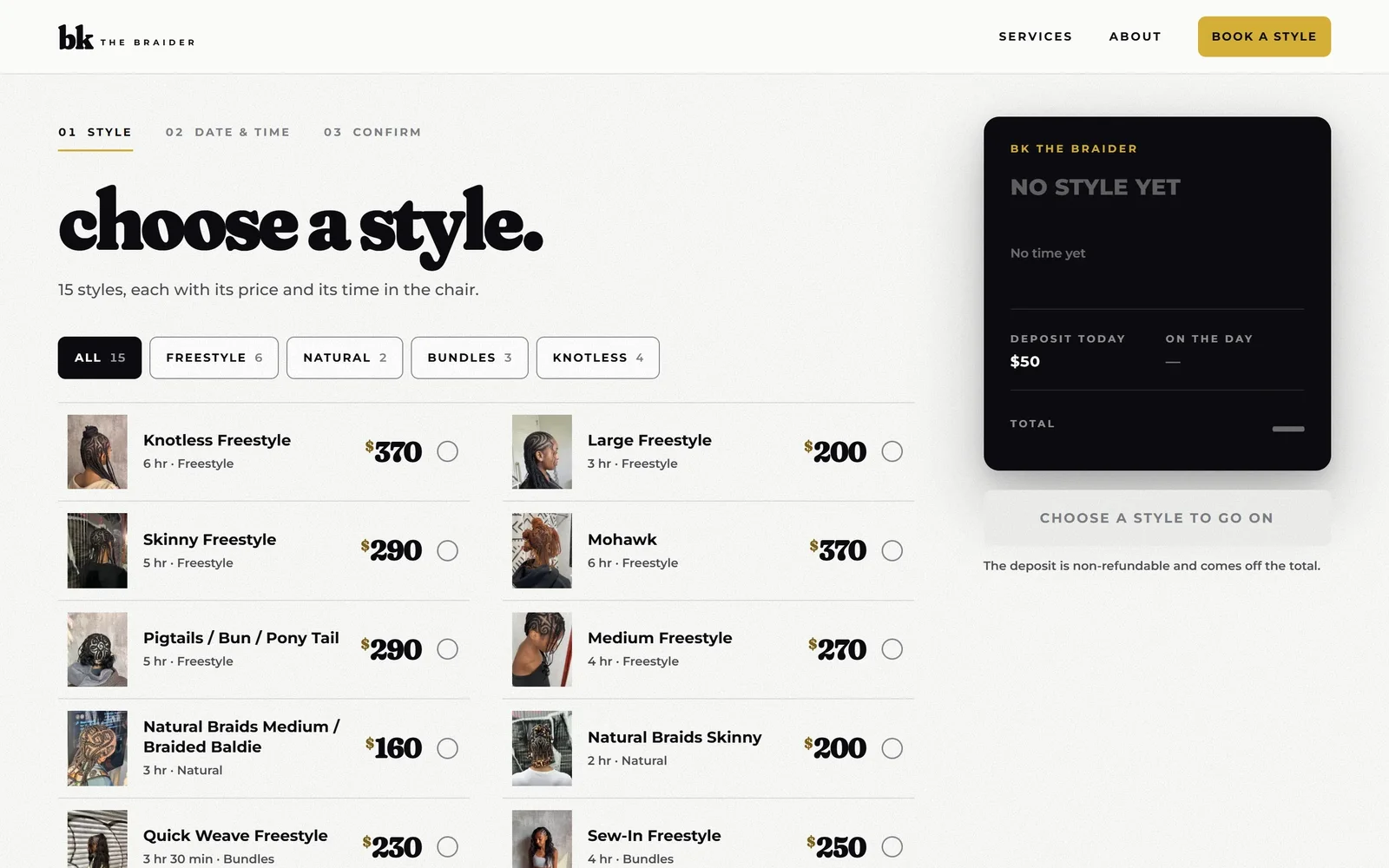 Booking: choose a style
