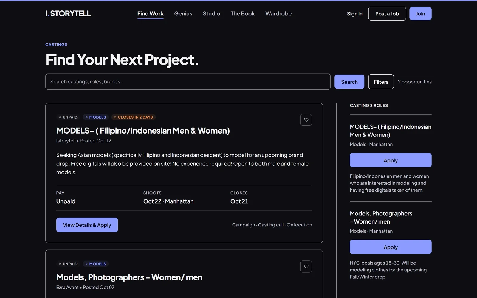 Find Work on i.storytell: the open casting board